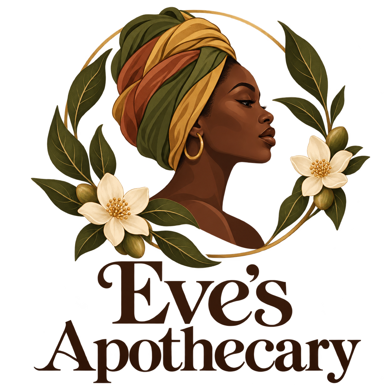 Eve’s Apothecary logo: a Black woman in an earthy headwrap framed by botanical leaves and cream flowers