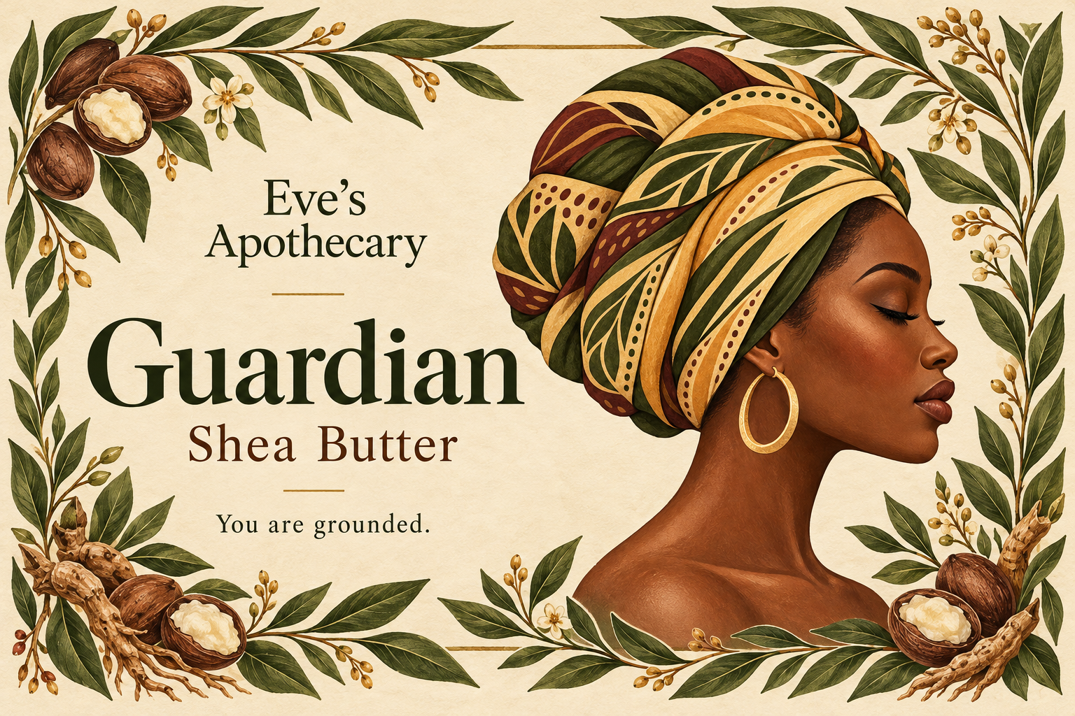 The Guardian feminine label artwork, showing a woman with a leafy crown and staff