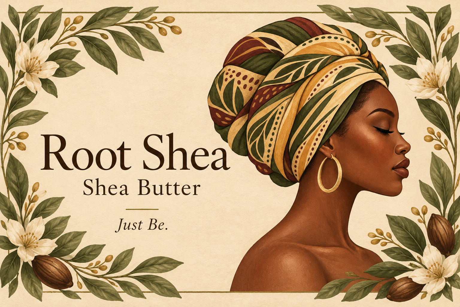 Root Shea label with a Black woman in a patterned headwrap, botanical leaves, and the message Just Be