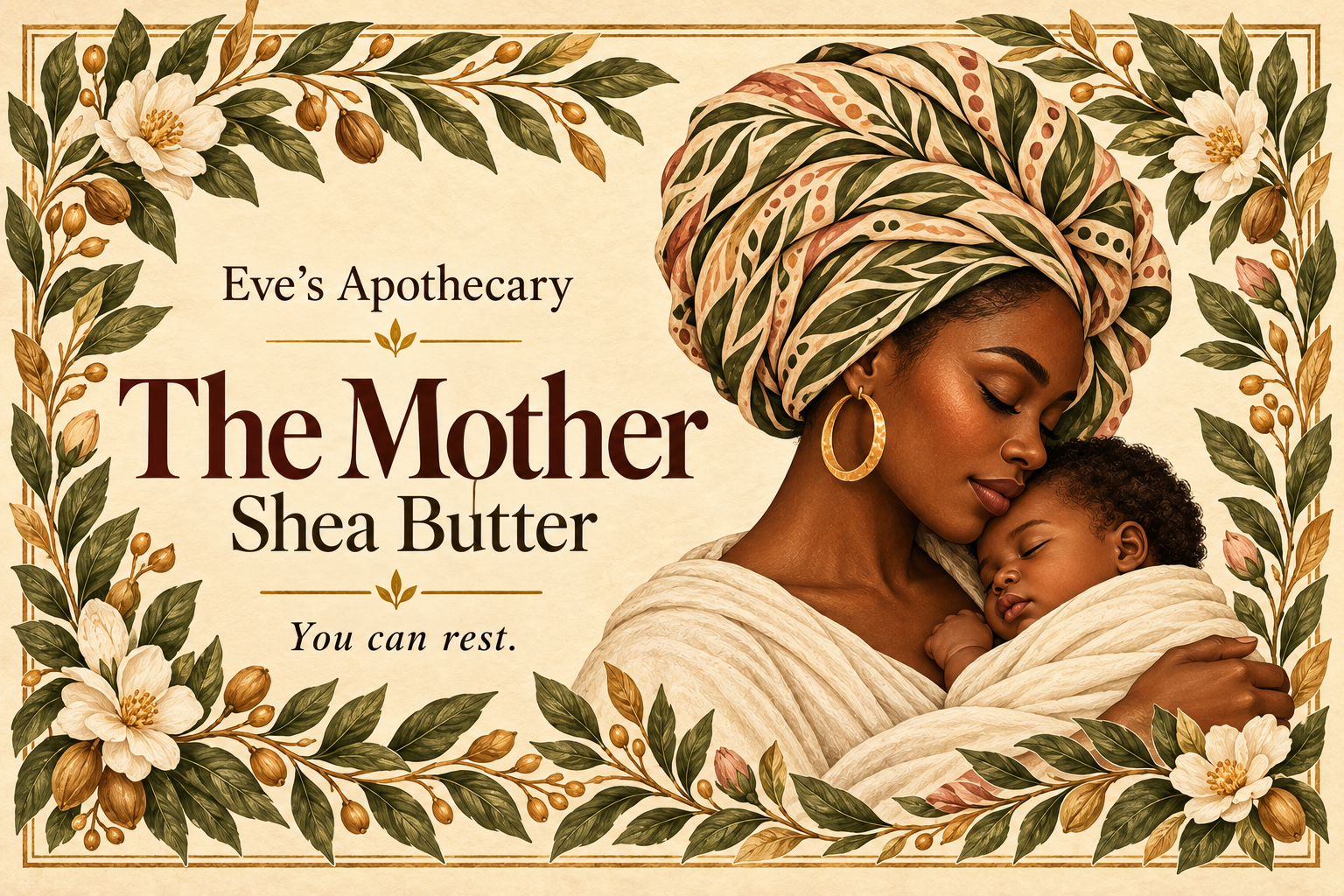 The Mother label artwork, showing a mother holding her child amid leaves and roses